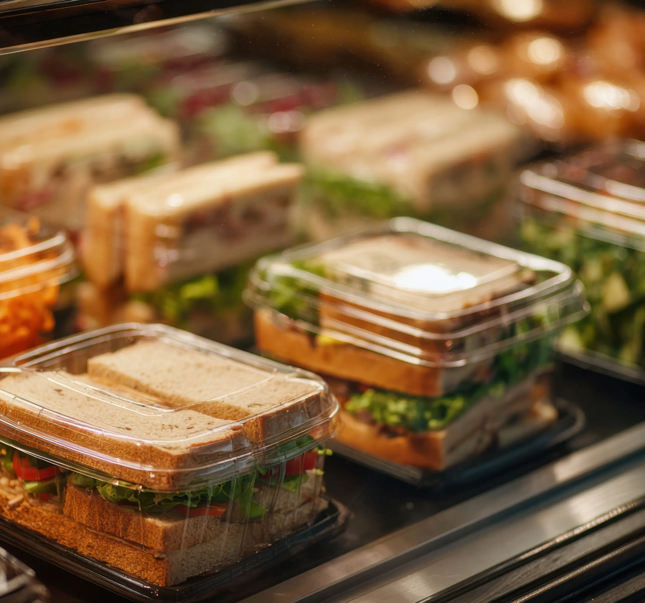 Prepared sandwiches sit in to-clamshell containers in a refrigerated display case