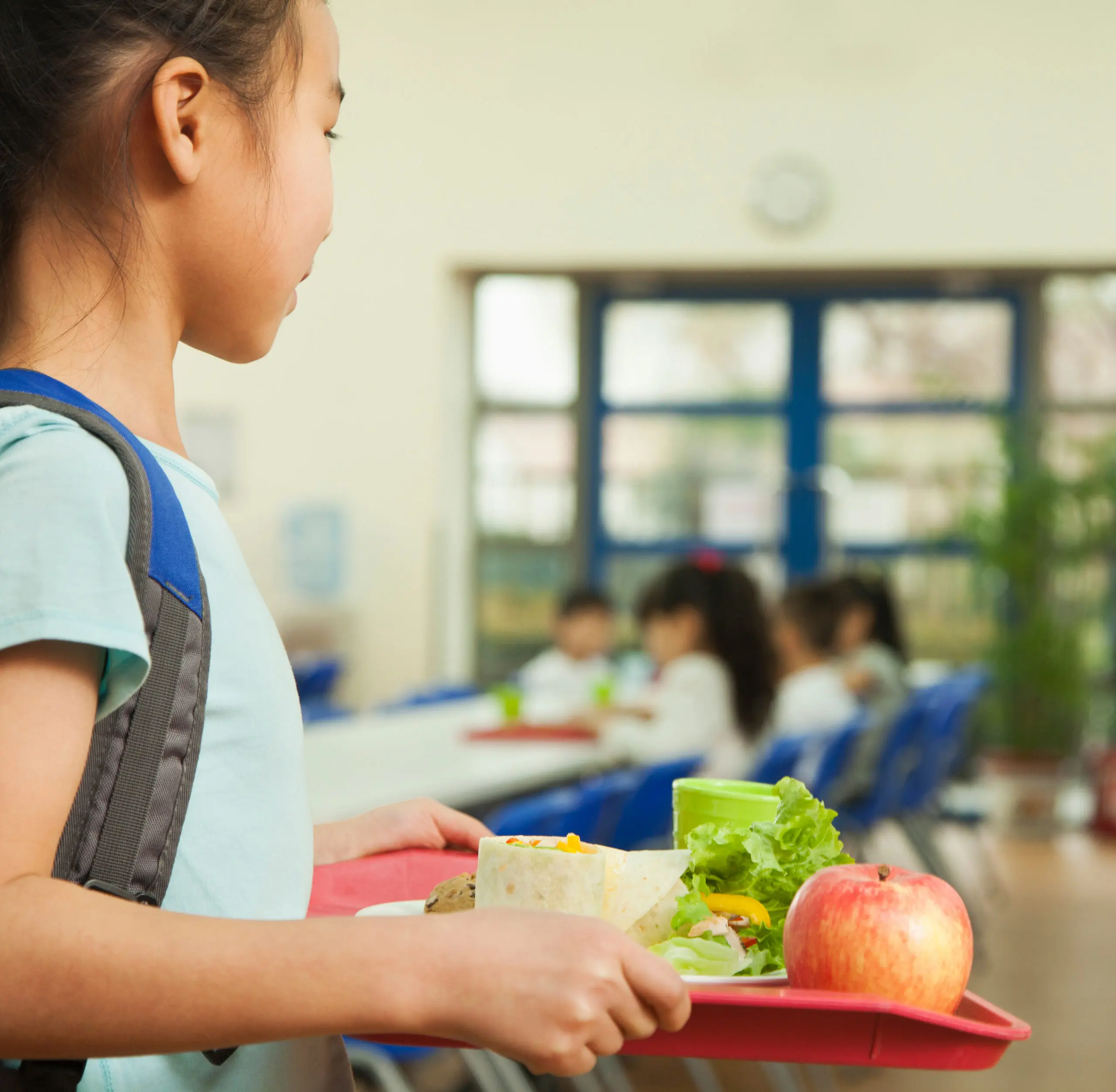 Student carrying a cafeteria tray with a balanced meal