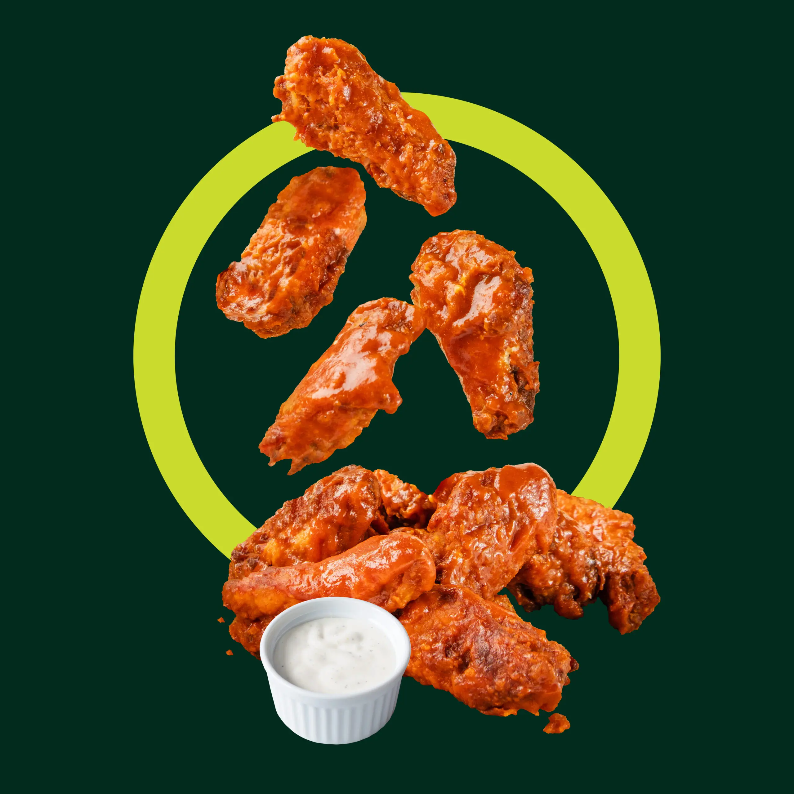 Chicken wings encircled by a graphic ring